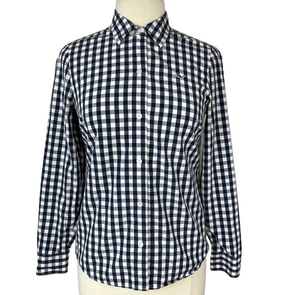 Vineyard Vines Button Front Shirt Blouse Womens Size 2 Blue White Checked - Picture 1 of 8
